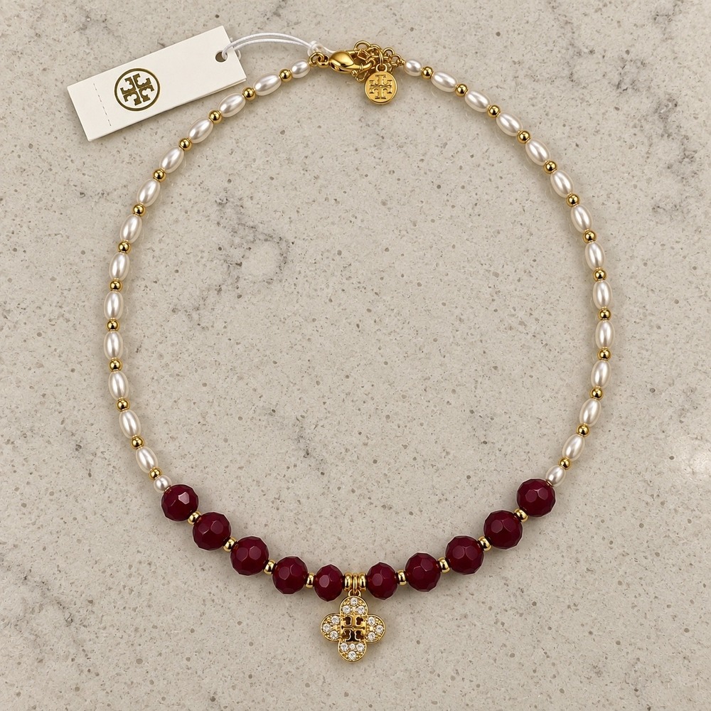 Tory Burch Beaded Burgundy & Pearl Pendant Necklace / NWT / Dustbag Included
